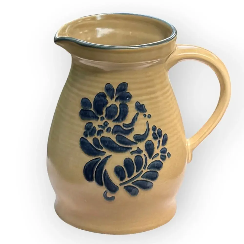 Vintage 80s Pfaltzgraff Tan & Blue Floral Folk Art Stoneware 2.5 Qt Pitcher #416